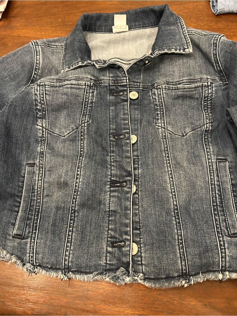 Chico's Navy Denim Frayed Hem Cropped Jacket Size Medium